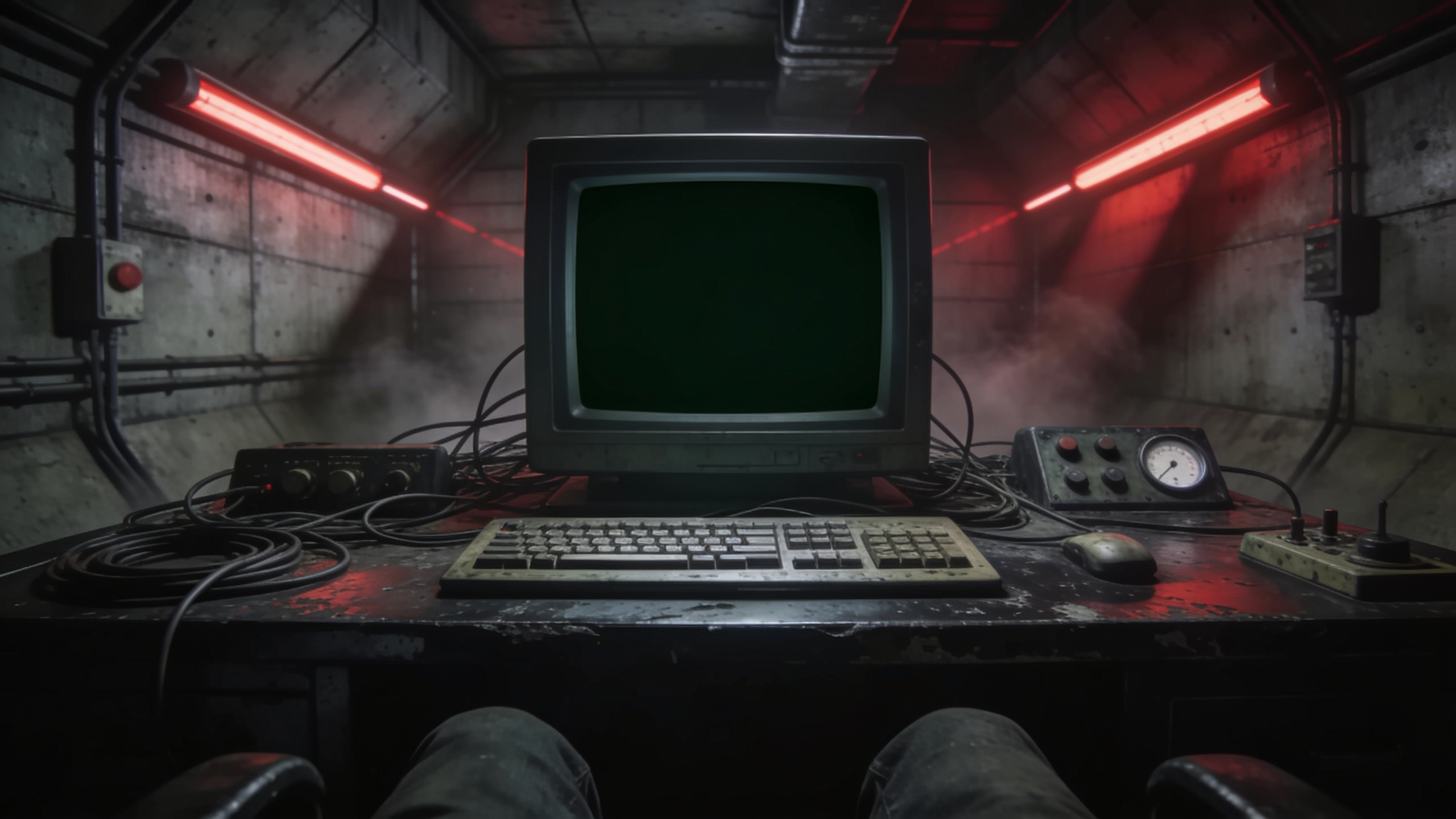 Resistance intercept terminal in a red-lit concrete bunker